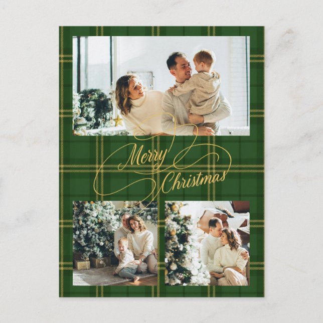 Elegant Green Tartan Family Photo Christmas Card (Front)