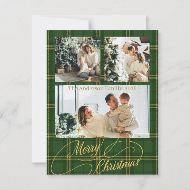 Elegant Green Tartan Family Photo Christmas Card (Front)