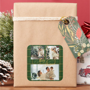 Elegant Green Tartan Family Photo Christmas  Square Sticker