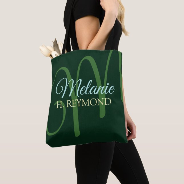 Elegant Green Tote Bag with her Name & Initial (Close Up)