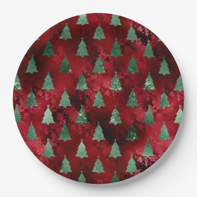 Elegant Green Trees Christmas Paper Plate (Front)