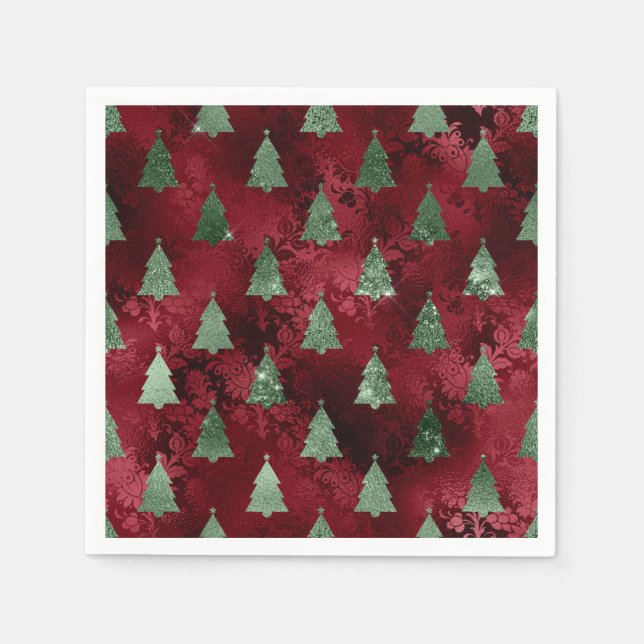 Elegant Green Trees Red Faux Foil Christmas  Napkin (Front)