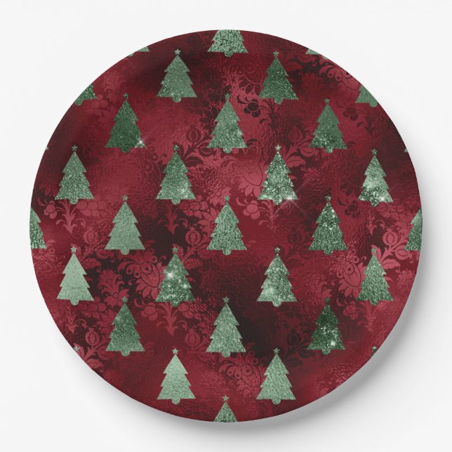 Elegant Green Trees Red Faux Foil Christmas  Paper Plate (Front)