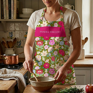 Elegant Green Trendy Floral Grace Typography  Apron