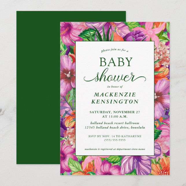 Elegant Green Tropical Floral Baby Shower Invitation (Front/Back)