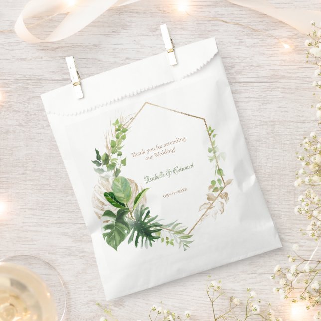 Elegant Green Tropical Leaves Gold Geometric Frame Favour Bags (Clipped)