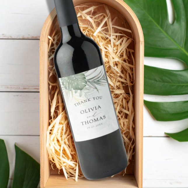 Elegant Green Tropical Thank You Wedding Wine Label (Creator Uploaded)