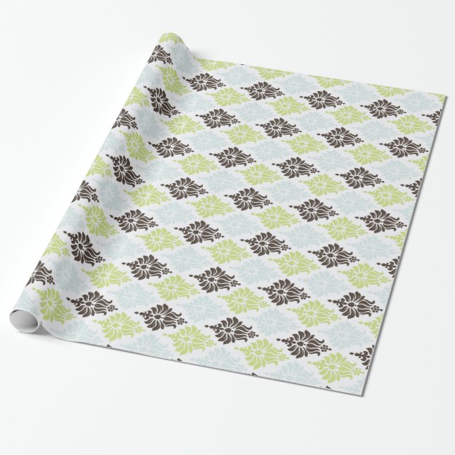 Elegant green turquoise brown damask pattern wrapping paper (Unrolled)