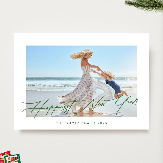 Elegant Green Typography | Photo Happiest New Year Holiday Card (Creator Uploaded)
