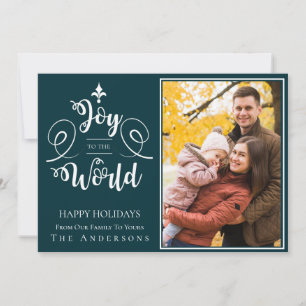 Elegant Green Typography Photo Joy To The World Holiday Card