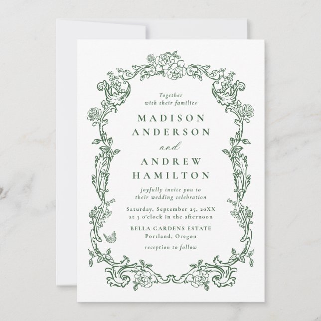 Elegant Green Victorian Floral All in One Wedding Invitation (Front)