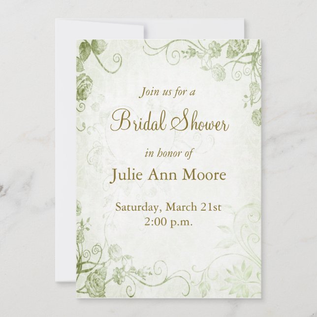 Elegant Green Vintage Bridal Shower Invitation (Front)