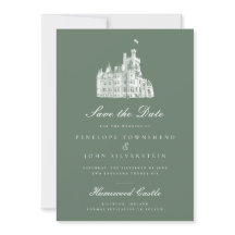 Elegant Green Vintage Castle Illustration Wedding 