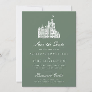 Elegant Green Vintage Castle Illustration Wedding  Save The Date