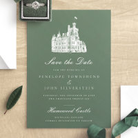 Elegant Green Vintage Castle Illustration Wedding
