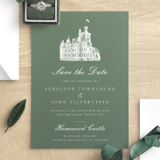 Elegant Green Vintage Castle Illustration Wedding  Save The Date