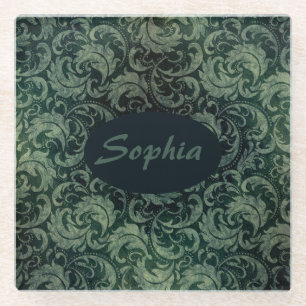 Elegant green vintage damask floral pattern glass coaster