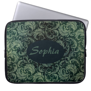 Elegant green vintage damask floral pattern laptop sleeve