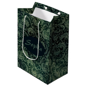 Elegant green vintage damask floral pattern medium gift bag