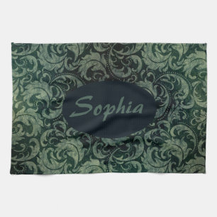 Elegant green vintage damask floral pattern tea towel