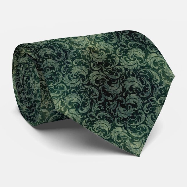 Elegant green vintage damask floral pattern tie (Rolled)
