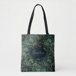 Elegant green vintage damask floral pattern tote bag