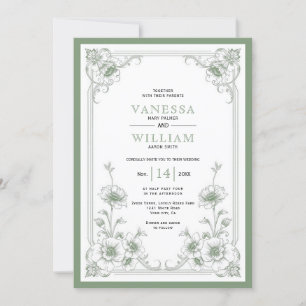 Elegant green vintage floral frame QR code wedding Invitation