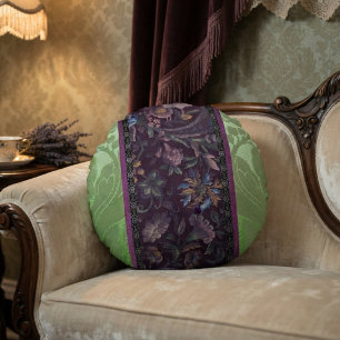 Elegant Green Vintage Silk Floral Design Round Cushion