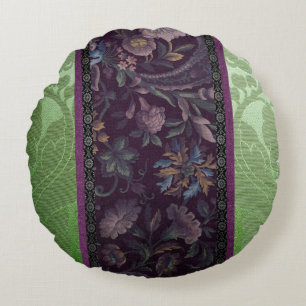 Elegant Green Vintage Silk Floral Design Round Cushion