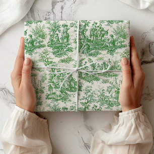 Elegant Green Vintage Toile de Jouy Scenic Pattern Wrapping Paper