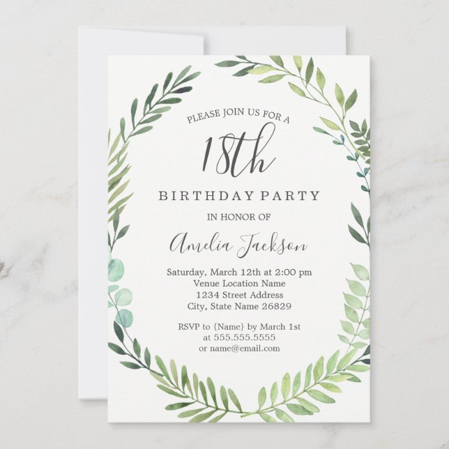 Elegant Green Watercolor 18th Birthday Invitation (Front)