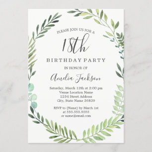 Elegant Green Watercolor 18th Birthday Invitation