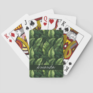 Elegant Green Watercolor Banana Leaf with Name Playing Cards