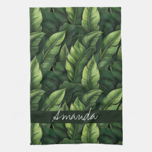 Elegant Green Watercolor Banana Leaf with Name Tea Towel