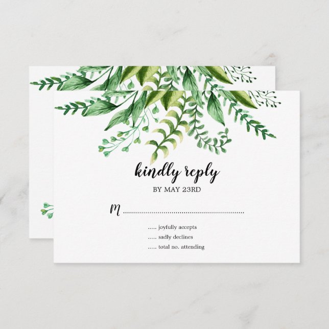 Elegant Green Watercolor Botanical Wedding RSVP Invitation (Front/Back)