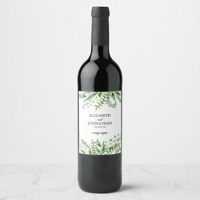 Elegant Green Watercolor Botanical Wedding Wine Label (Front)