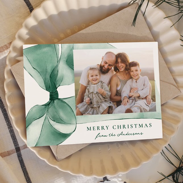 Elegant Green Watercolor Bow 2 Photo Holiday Card (Creator Uploaded)