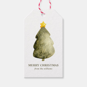 Elegant Green Watercolor Christmas Tree Gold Star Gift Tags