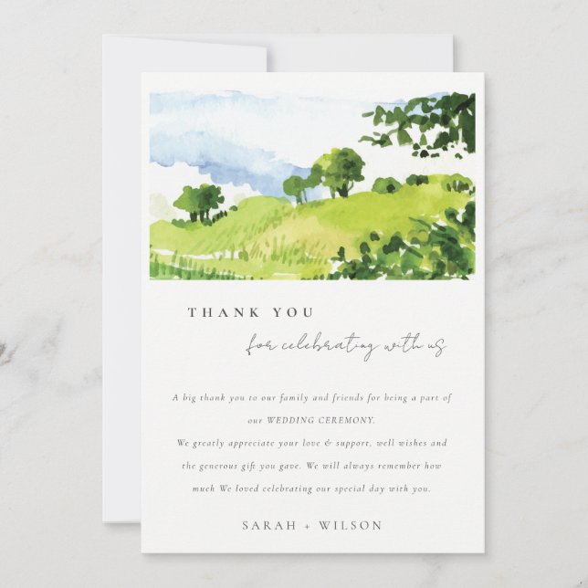 Elegant Green Watercolor Countryside Hills Wedding Invitation (Front)
