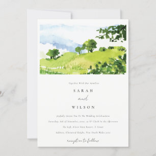 Elegant Green Watercolor Countryside Hills Wedding Invitation
