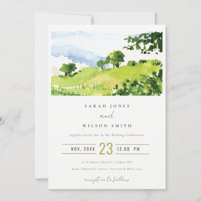 Elegant Green Watercolor Countryside Hills Wedding Invitation (Front)