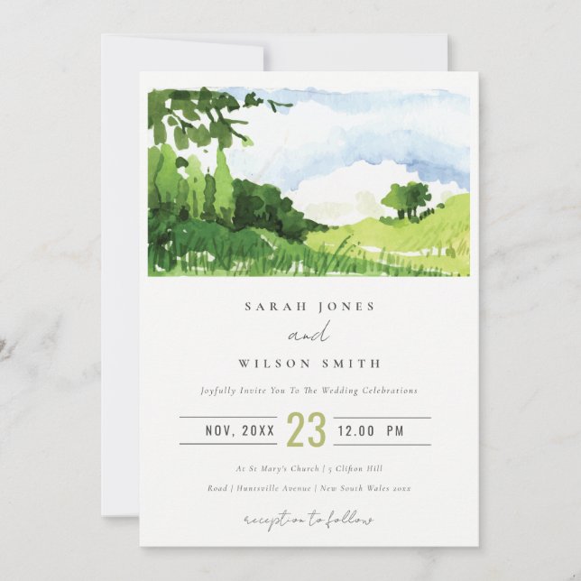 Elegant Green Watercolor Countryside Hills Wedding Invitation (Front)
