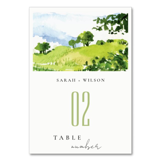 Elegant Green Watercolor Countryside Hills Wedding Table Number (Front)
