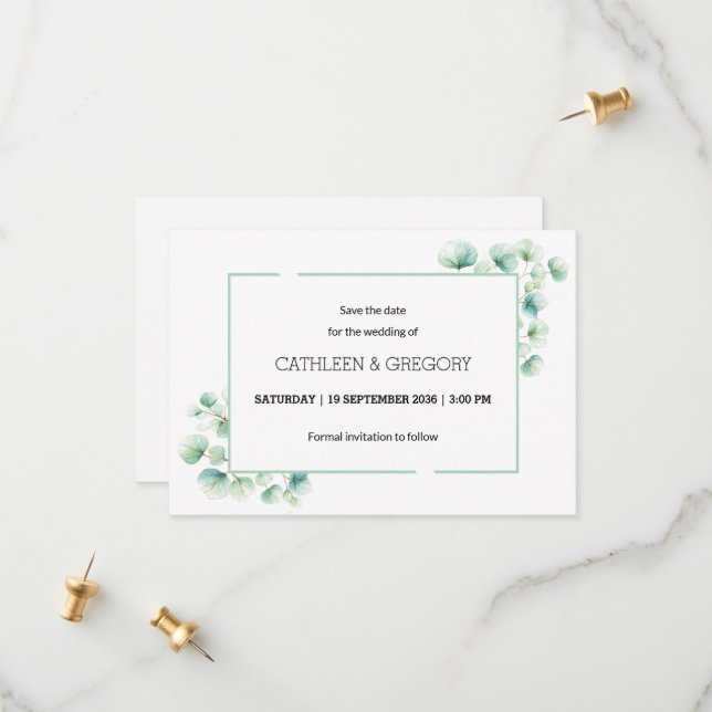 Elegant Green Watercolor Eucalyptus Leaves Wedding Save The Date (Front/Back In Situ)
