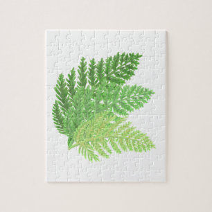Elegant green watercolor ferns woodland leaves jigsaw puzzle