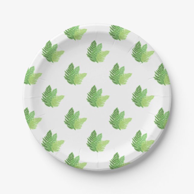 Elegant green watercolor ferns woodland leaves paper plate (Front)