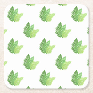 Elegant green watercolor ferns woodland leaves square paper coaster