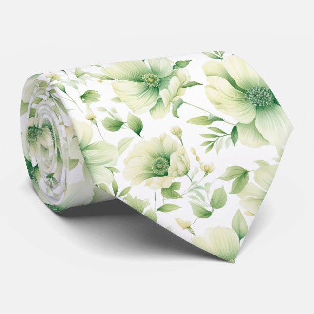 Elegant Green Watercolor Floral Greenery Pattern Tie (Rolled)