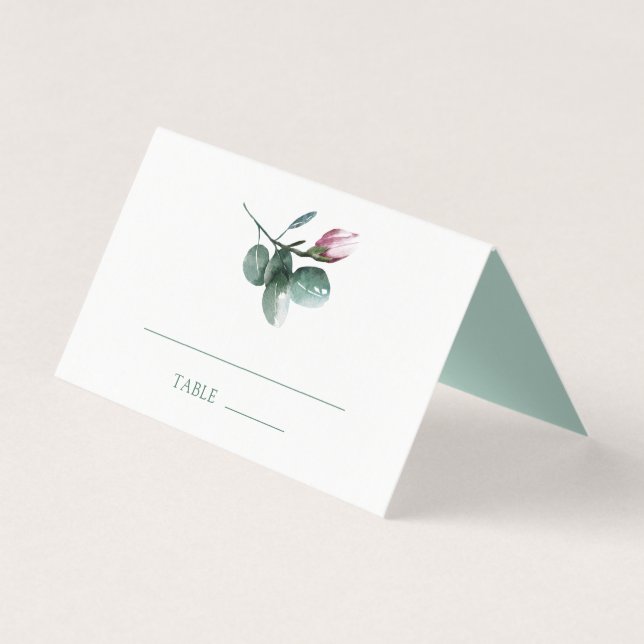 Elegant Green Watercolor Floral Wedding Place Card (Front)