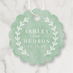 Elegant Green Watercolor Laurel Wedding Photo Favour Tags